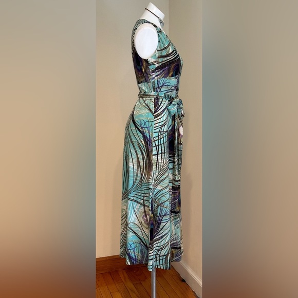 Kasper Beautiful Colors Peacock Feather Maxi V Neck Tie In Front Dress SZ PM - Picture 4 of 13